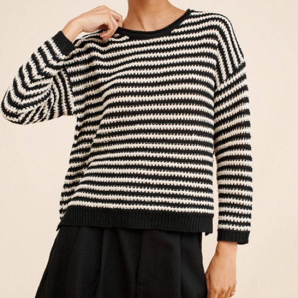 Anthropologie Sweaters - Anthropologie Little Lies Crewneck Black&White Striped Cozy Knit Sweater Basic